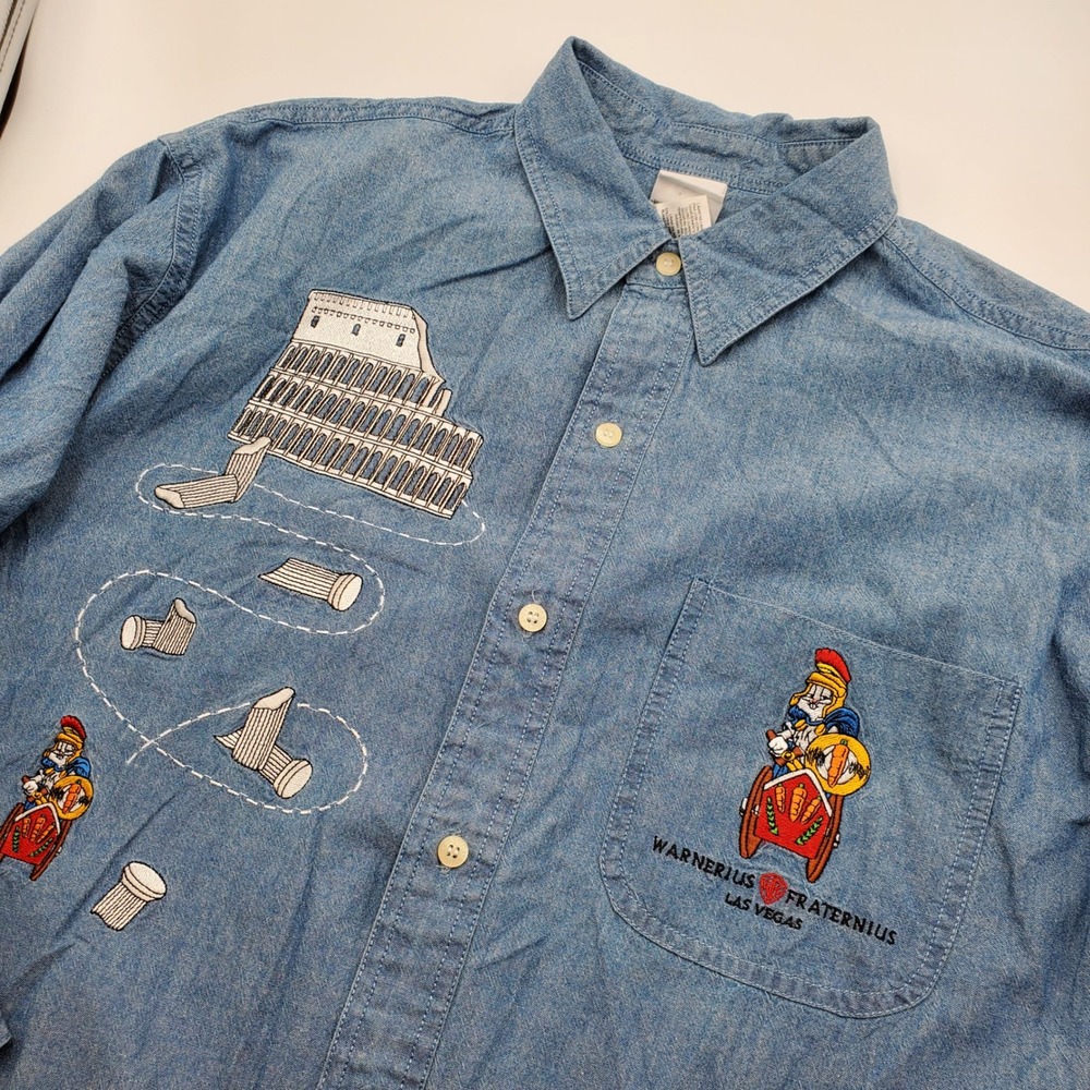 Vintage Warner Bros Studio Store Bugs Bunny Roman Gladiator Denim Shirt Mens M